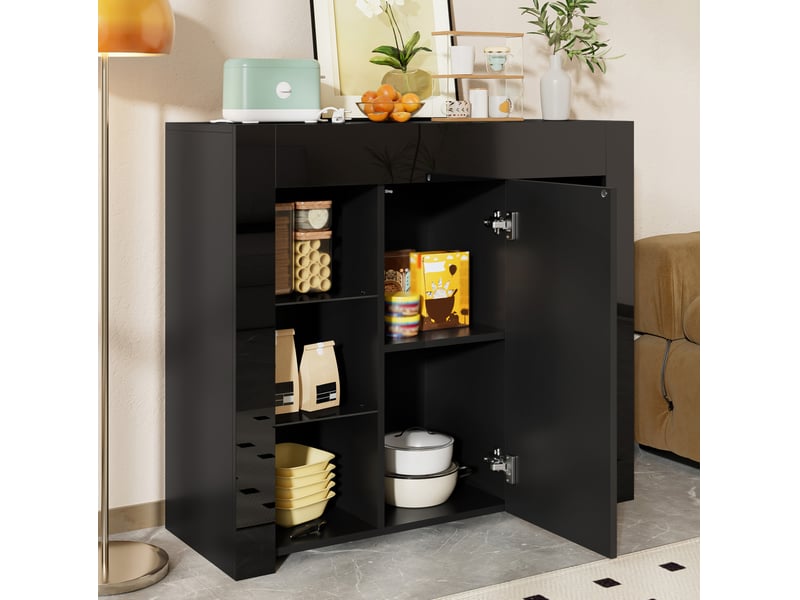  Buffet 95x35x83 cm, armoire de rangement, étagères en verre, aggloméré noir, meuble salon et cuisine, moderne, design  - Conforama D