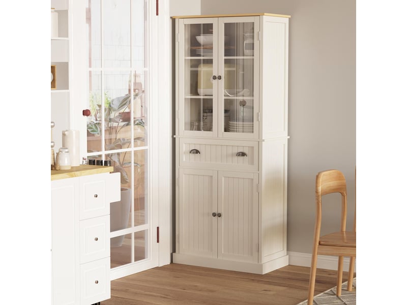  Buffet meuble de cuisine haut 4 portes 1 tiroir armoire de rangement vitrine étagères réglables 182,5 cm beige  - Conforama B