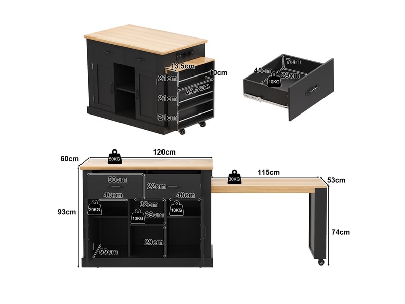Îlot roulant 132(235)x60x93cm, table escamotable, bar coulissant, 7 roulettes, étagères réglables, rangement cuisine - Conforama C