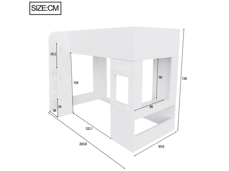  Lit mezzanine 90 × 200 cm, avec bande lumineuse, petit bureau et barrière de sécurité haute, blanc  - Conforama C