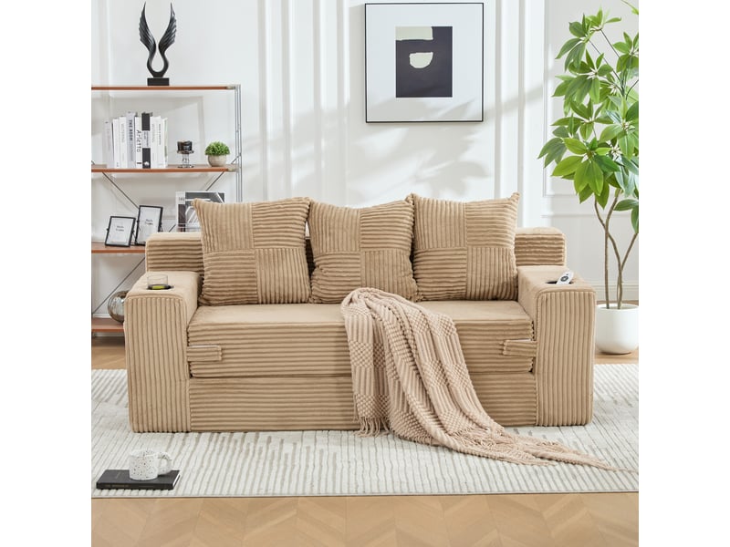  Canapé trois places avec porte-gobelets et poches latérales, design sans cadre, larges assises - kaki  - Conforama B