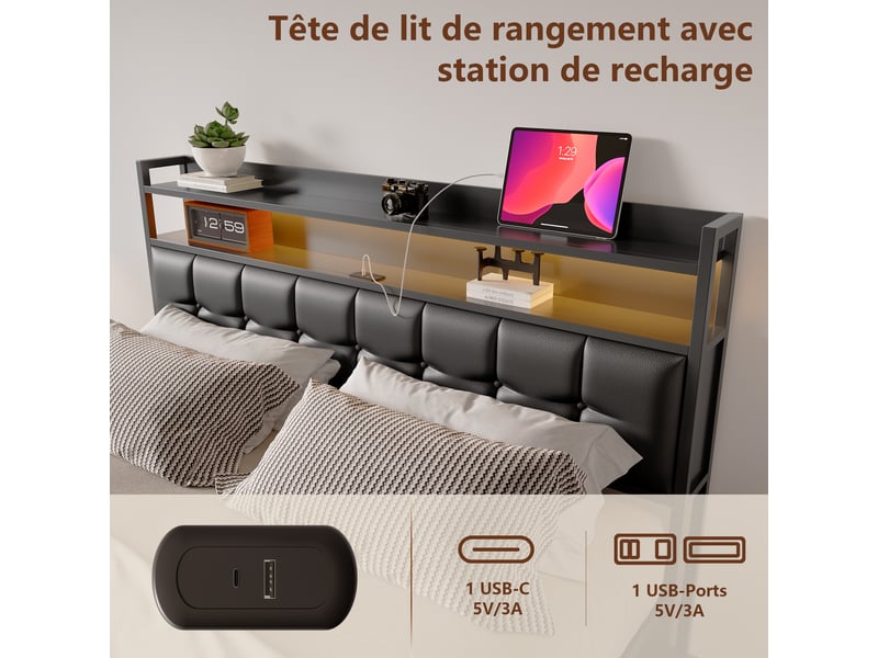  Lit coffre 160 x 200 cm avec sommier, lit double rembourré ,hydraulique, led,usb et de type c, lit 2 personnes, pu, noir  - Conforama R