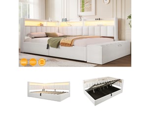 Lit coffre 140x200 cm 2 places, lit double, lit banquette en lin beige, rangement hydraulique, banc coffre, tête de lit réversible, led, usb-ausb-c