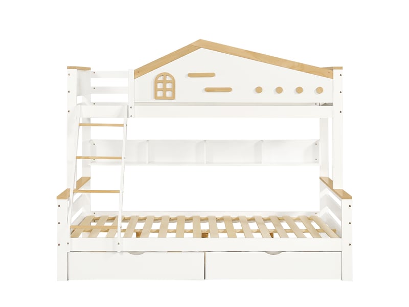  Lit superposé 90x200cm et 140x200cm, lit enfant avec étagère de rangement et 2 tiroirs, en bois de pin massif et mdf, échelle inclinée, blanc  - Conforama D