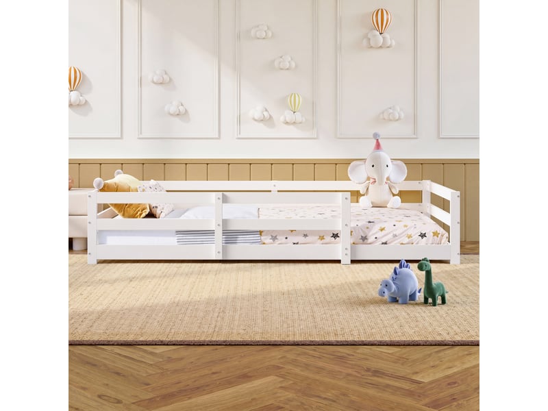  Lit montessori 90x200 cm au sol avec barrière - bois massif blanc sommier inclus  - Conforama R