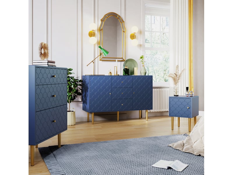  Buffet bas 2 portes et 3 tiroirs bleu marine, avec étagère réglable, 120 x 40 x 83 cm  - Conforama C