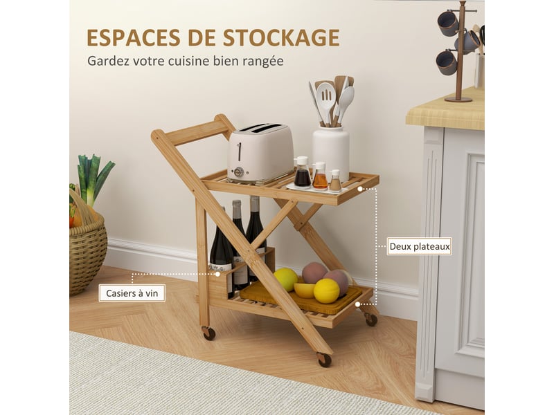  Desserte de cuisine en bambou chariot de service pliable 2 plateaux 4 roues 3 casiers à vin 66 x 40 x 70 cm bois naturel  - Conforama D