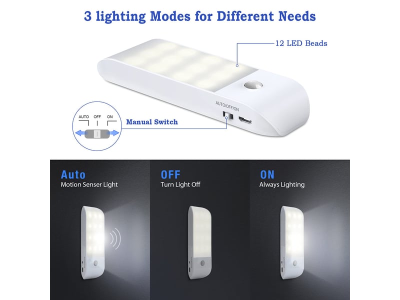  Veilleuse led rechargeable, [lot de 2] veilleuse automatique avec détecteur de mouvement, lampe de placard avec bande magnétique, blanc  - Conforama D