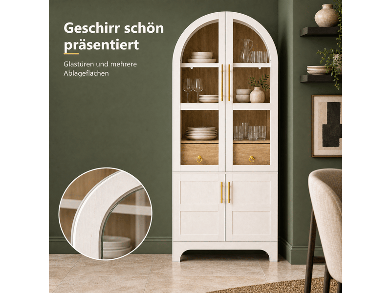  Vitrine 4 portes vitrées et 2 tiroirs, 76 x 40 x 180 cm, étagères réglables, verre cannelé, dessus cintré et socle stable, mdf, blanc Morn Vibe - Conforama E