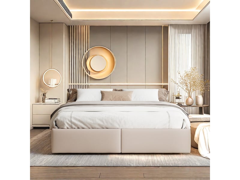 Lit 140 x 200 cm rembourré avec coffre de rangement et 2 tiroirs, lit double hydraulique sans tête de lit, revêtement en lin, beige, sans matelas - Conforama R