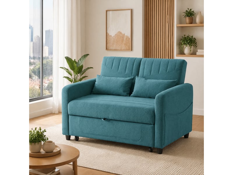  Canapé convertible 2 places 114.00×77.00×82.50 cm en tissu coton-lin avec dossier réglable bleu-vert antique chicfurn  - Conforama C
