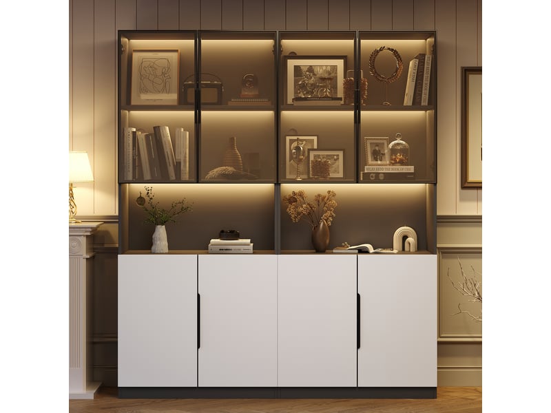 Vitrine avec portes vitrées, rangement ouvert et éclairage led réglable, en panneaux de particules blanc et noir, 160 × 30 × 200 cm  - Conforama B