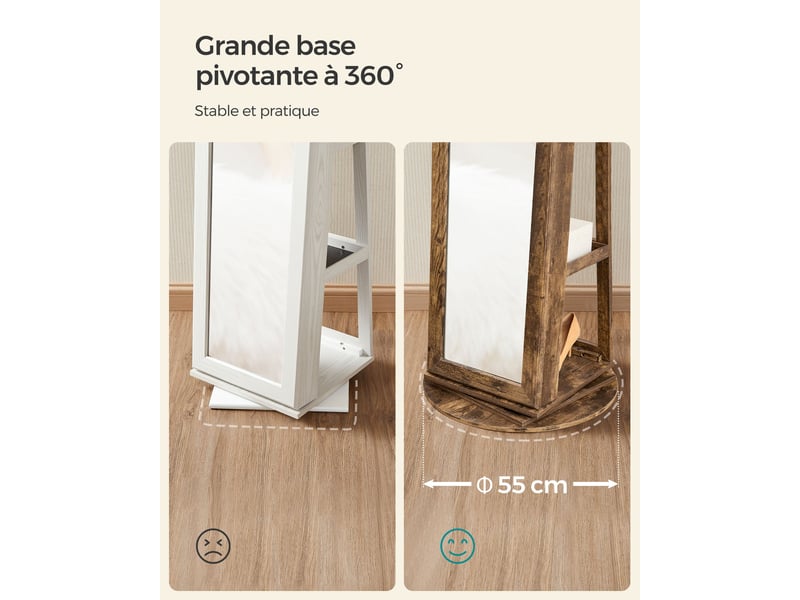 Armoire à bijoux pivotante à 360° avec grand miroir psyché 54 x 54 x 161 cm organisateur de bijoux verrouillable avec miroir intérieur étagères de rangement à l'arrière marron 12_0003942  - Conforama D