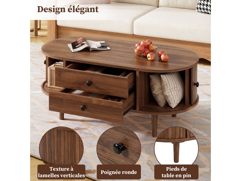  Table basse 100x50x40 cm, 2 tiroirs, grand rangement, porte coulissante, style vintage, structure mdf pour salon et séjour - noyer  - Conforama D
