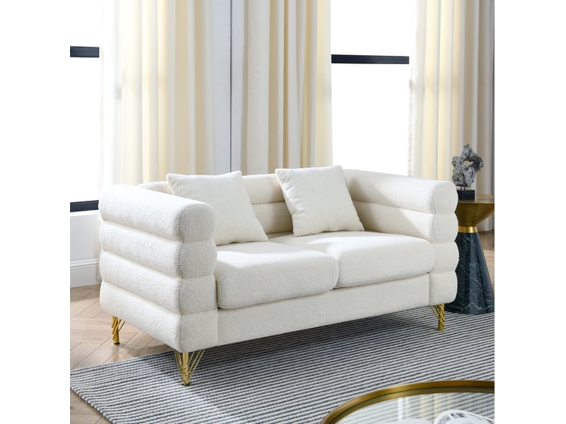 Canapé 2 places 152x81x71 cm en tissu teddy blanc avec pieds en métal doré chicfurn - Conforama C