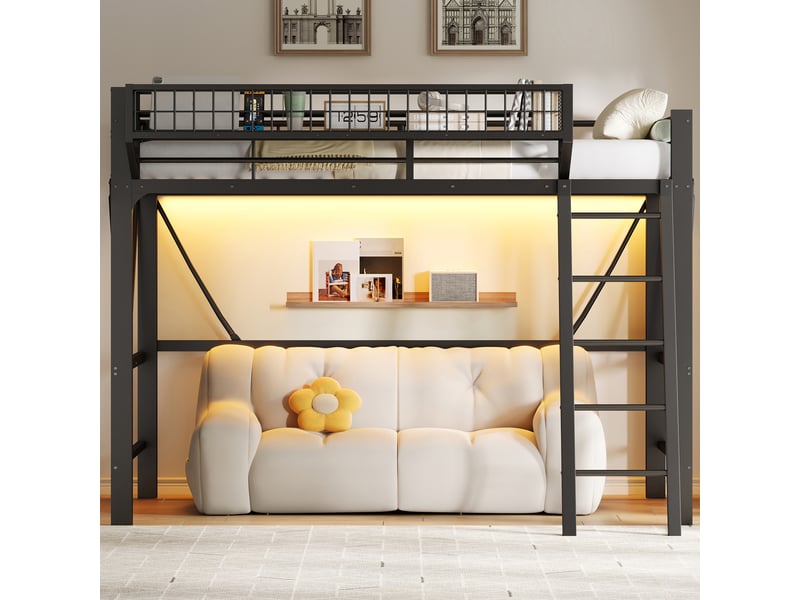  Lit mezzanine enfant simple 90×200 cm, led 7 couleurs et panier de rangement - okmyhome- noir, sans matelas  - Conforama B
