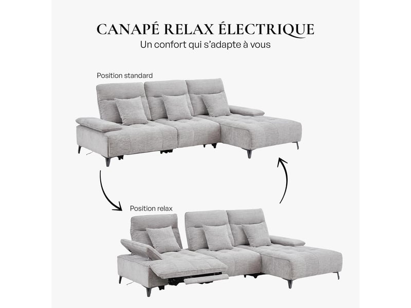 Canapé d'angle relax électrique en tissu matelassé gris - angle droit - Conforama D