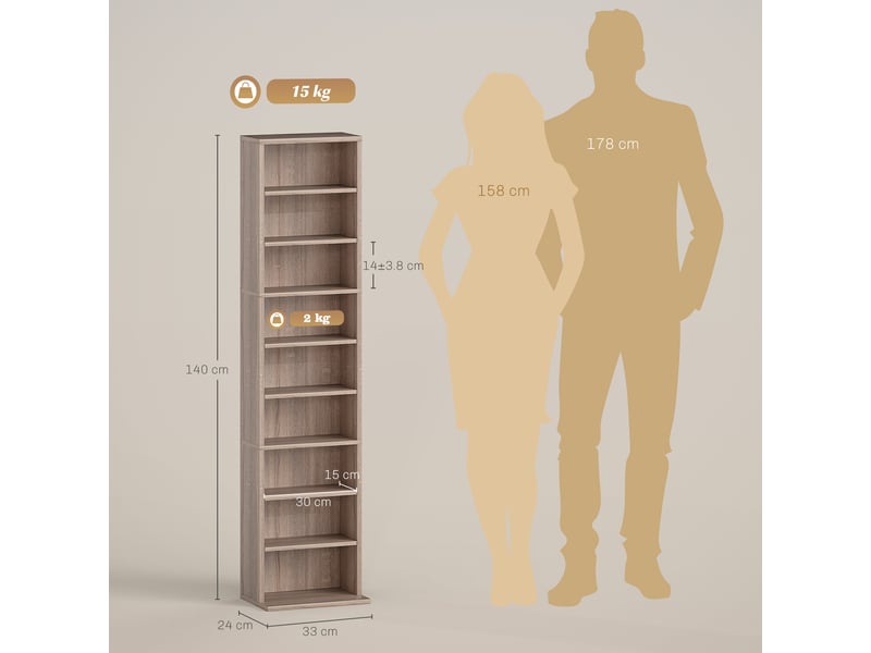  Étagère à cd à 6 niveaux réglables, capacité de 260 cd120 dvd, 33 x 24 x 140 cm, couleur bois  - Conforama D