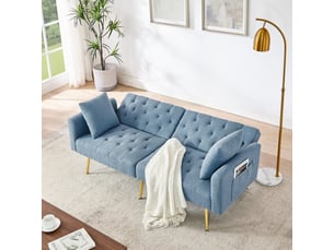 Canapé convertible 2 places avec dossier réglable  - 3 positions, 2 coussins, pieds en métal, tissu teddy bleu