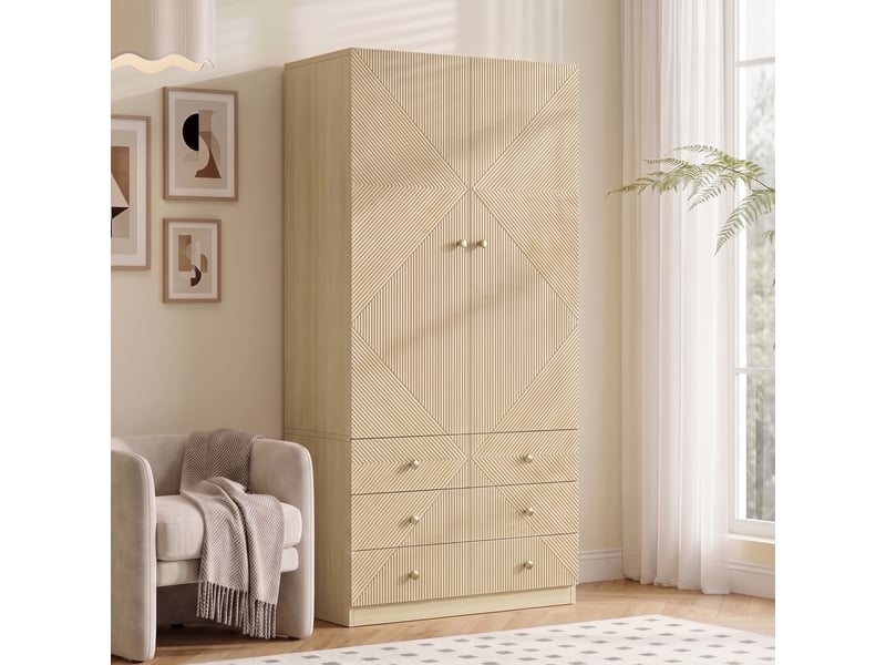Armoire penderie haute 2 portes 90 cm avec 1 tringle et 6 tiroirs, façade géométrique, poignées dorées, structure mdf, finition effet chêne naturel - Conforama C