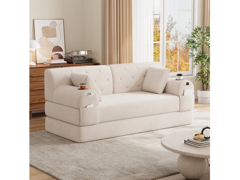 Canapé convertible 2 places 168.00×80.00×81.00 cm en velours côtelé avec 4 poches latérales et 2 porte-gobelets beige chicfurn - Conforama C