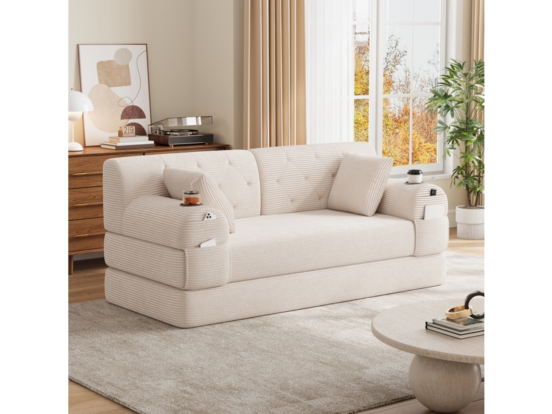  Canapé convertible 2 places 168.00×80.00×81.00 cm en velours côtelé avec 4 poches latérales et 2 porte-gobelets beige chicfurn  - Conforama C