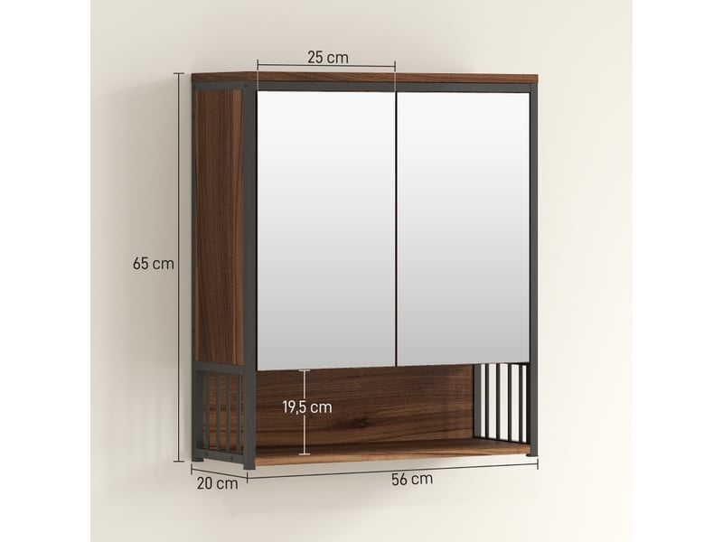  Meuble miroir de salle de bain 56x65x20 cm portes à fermeture douce mdf et panneau de particules marron  - Conforama D