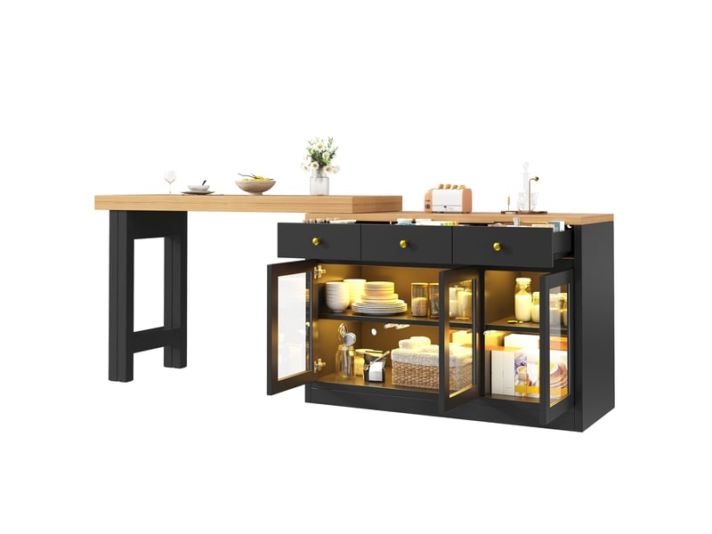  Îlot de cuisine extensible avec led, 3 tiroirs et 3 portes vitrées, noir, 120-200 x 40 x 75,5 cm  - Conforama A