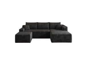 Canapé d’angle noir 4 places en tissu côtelé, 241 cm, assise profonde avec méridienne, mousse haute élasticité, sans montage