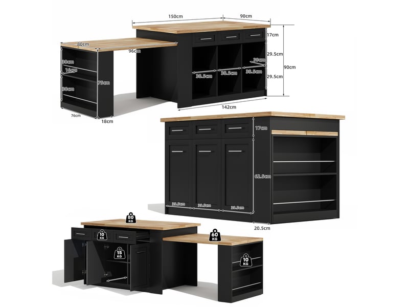 Îlot de cuisine 150 × 90 × 90 cm noir et naturel, mdf, plateau effet bois, table extensible 96 cm et nombreux rangements - Conforama B