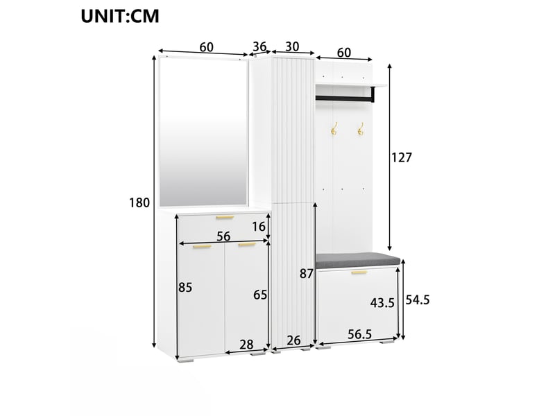  Meuble d'entrée 150 x 36 x 180 cm avec miroir, penderie, 3 portes, meuble à chaussures basculant, banc et tiroir, blanc  - Conforama C