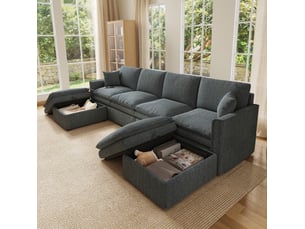 Canapé d'angle modulable 6 places 277x135 cm – gris – 2 poufs de rangement, ports usb et usb-c