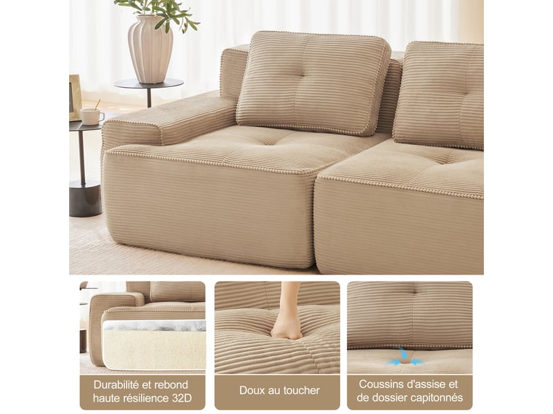  Canapé modulable d'angle en l,293x177x69cm,canapé 3 places sans structure avec 2 pouf,en velours côtel,rembourrage haute densité 32d - beige  - Conforama E