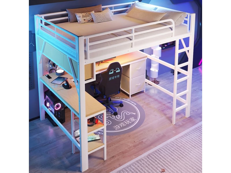  Lit mezzanine métal 140x200 gaming avec bureau, led et usb, blanc  - Conforama C