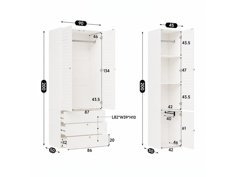  Armoire chambre 135x50x200 cm, garde-robe avec 3 portes et 3 tiroirs, meuble de rangement en bois, avec porte-pantalons et 2 penderies, blanc  - Conforama E
