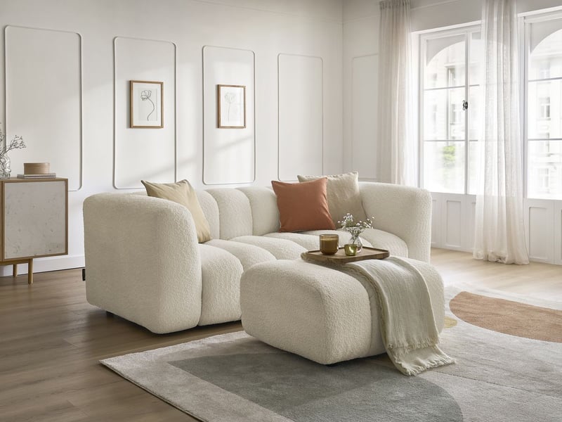 Bobochic canapé droit fixe 3 places talia tissu bouclette avec pouf beige TALIA - Conforama B