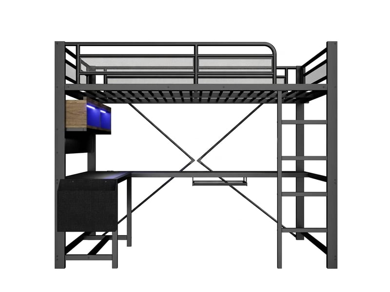  Lit mezzanine gamer 140x200 avec bureau intégré, led et station de charge, noir  - Conforama E