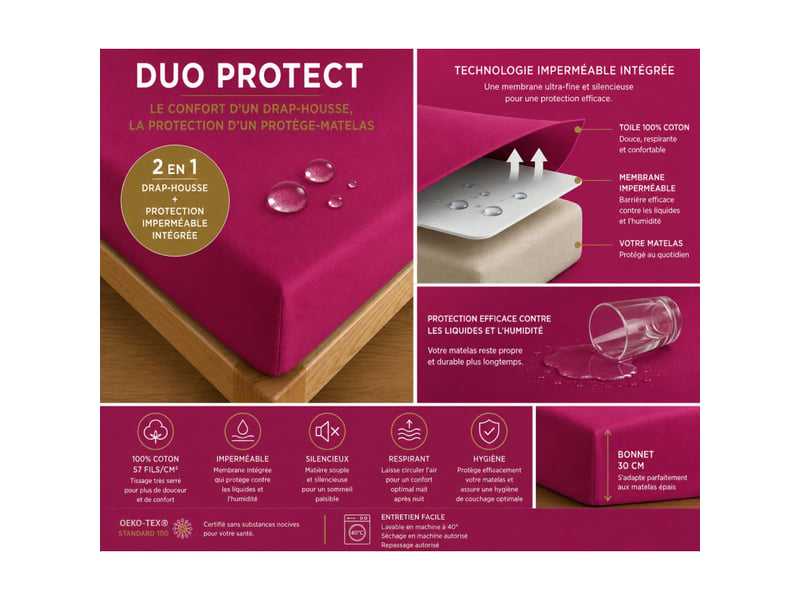  Drap housse duoprotect 180 x 200 + 30 cm avec technologie imperméable intégrée  - Conforama D