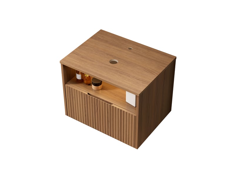 Meuble sous vasque mural avec 1 tiroir et niche ouverte en contreplaqué chêne brun pour salle de bain 60 × 46 × 46,8 cm - Conforama D