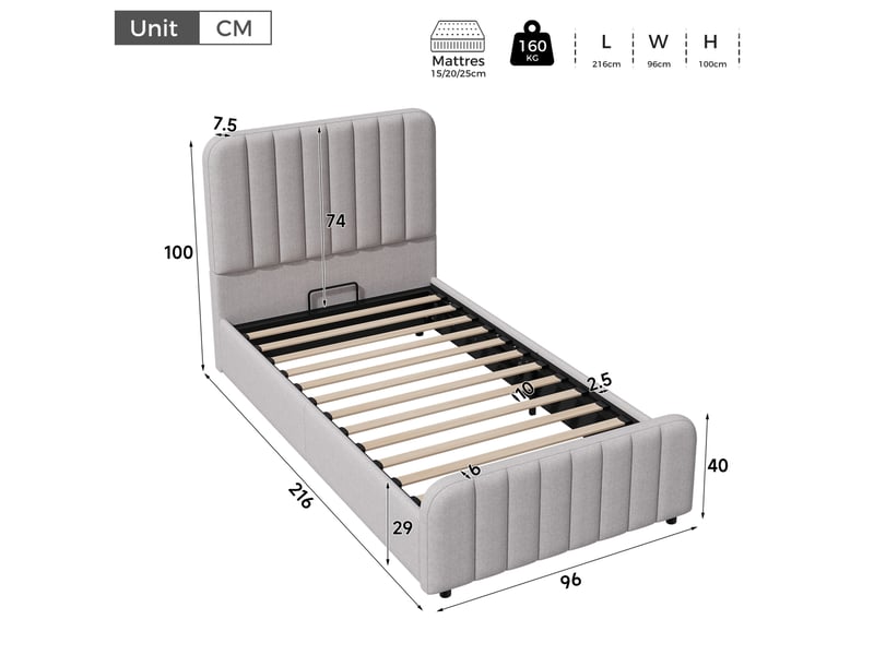  Lit coffre enfant 90x200 cm en lin gris avec sommier à lattes  - Conforama C