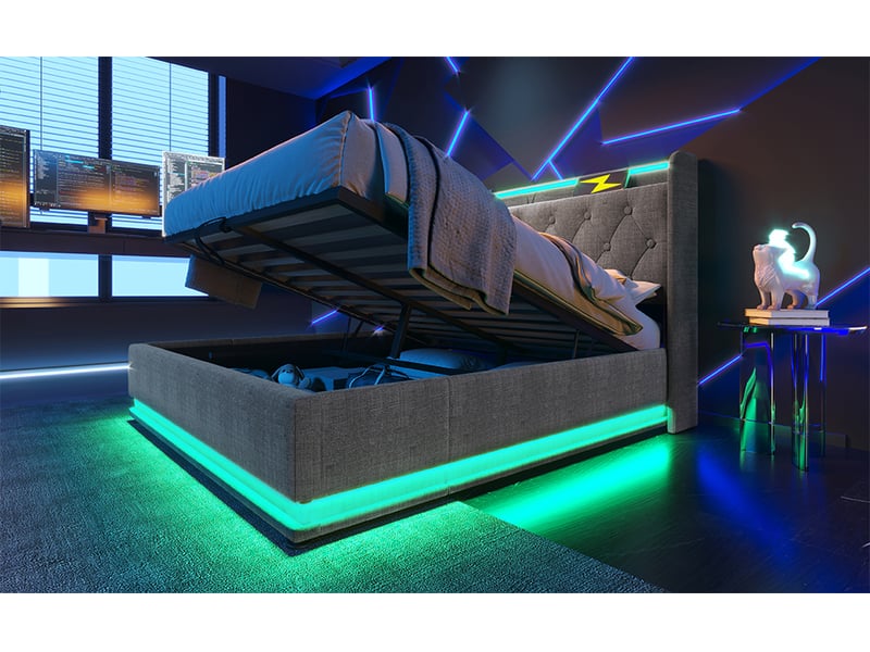  Lit coffre 140x200 cm - lit coffre capitonné double avec rangement hydraulique, led et ports usb-c, tissu lin gris, matelas inclus  - Conforama B