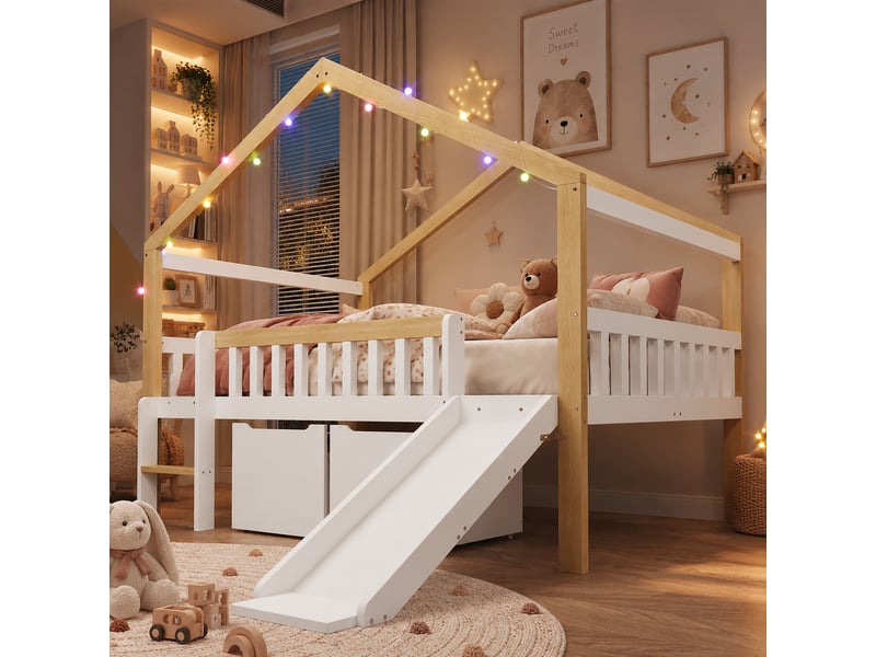  Lit mi-hauteur enfant 120 x 200 cm en bois, barrière de sécurité, échelle et toboggan réversibles, 2 tiroirs, guirlande lumineuse, blanc Bliss Lite - Conforama D