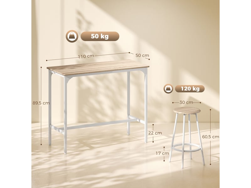  Ensemble table haute 5 pièces pour 4 personnes, style industriel, avec tabourets, pour cuisine et salle à manger, en chêne.  - Conforama E
