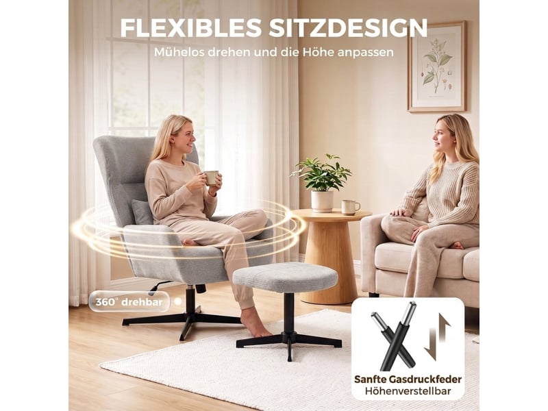  Fauteuil relax - fauteuil lounge pivotant à 360° avec repose-pieds, réglable en hauteur, revêtement en chenille, gris  - Conforama E