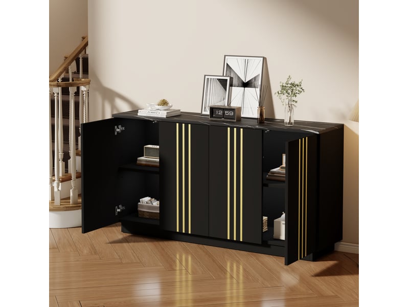  Buffet de rangement 4 portes noir et doré 35 x 140 x 70 cm  - Conforama C