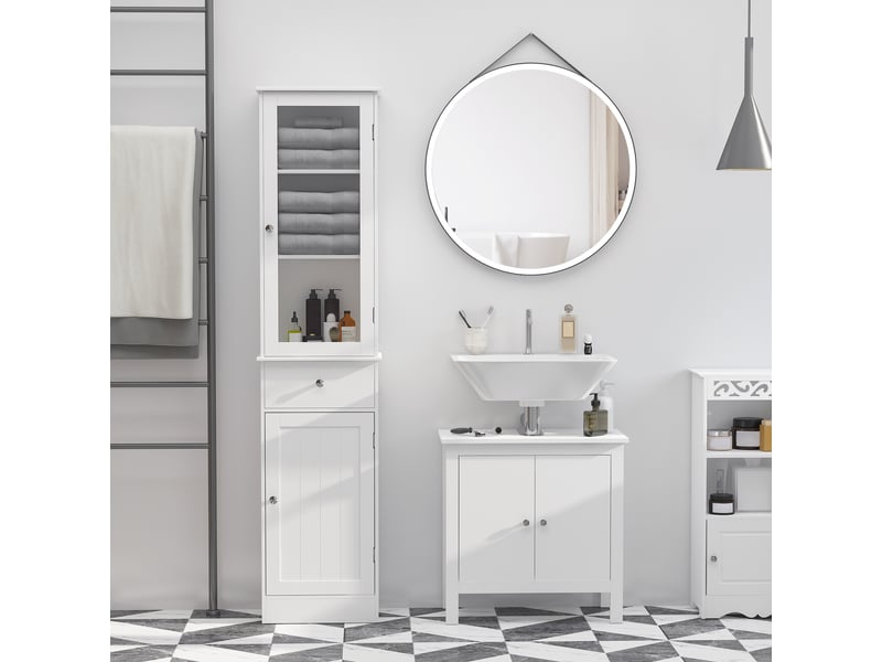  Armoire de salle de bain haute et étroite avec étagères réglables et tiroir, idéale pour les petits espaces, style moderne, 40 x 27 x 171,5cm, blanche  - Conforama D