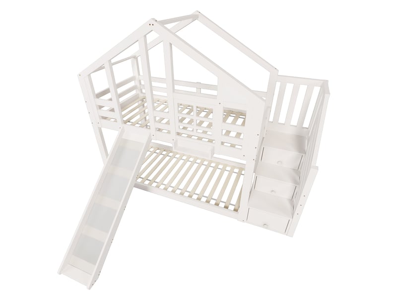 Lit superposé cabane - 90x200 cm - toboggan - rangement - certifié en 747-1:2024 - Conforama W