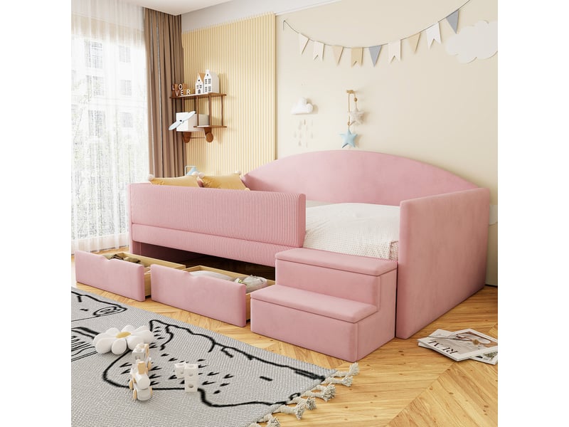  Lit enfant 90x190 cm rose en velours avec 2 tiroirs, marches antidérapantes et barrière rembourrée  - Conforama B