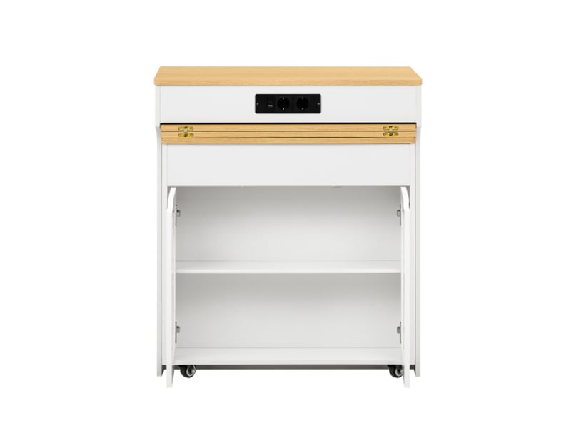 Île de cuisine mobile sur roulettes - table extensible, buffet blanc à 2 tiroirs bar coin repas, multiprise, verre strié - Conforama D