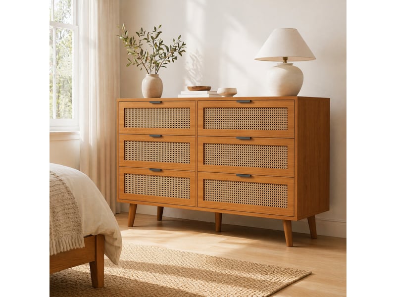  Commode 6 tiroirs avec rangement pour chambre en panneaux de particules 120×40×76,5 cm noyer  - Conforama B